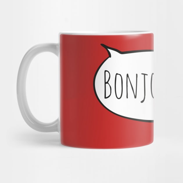 Cheerful BONJOUR! with white speech bubble on red (Français / French) by Ofeefee